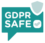 The GDPR Safe Logo. The Words 'GDPR Safe' within a speach bubble, also featuring a 'tick' and a protective shield.